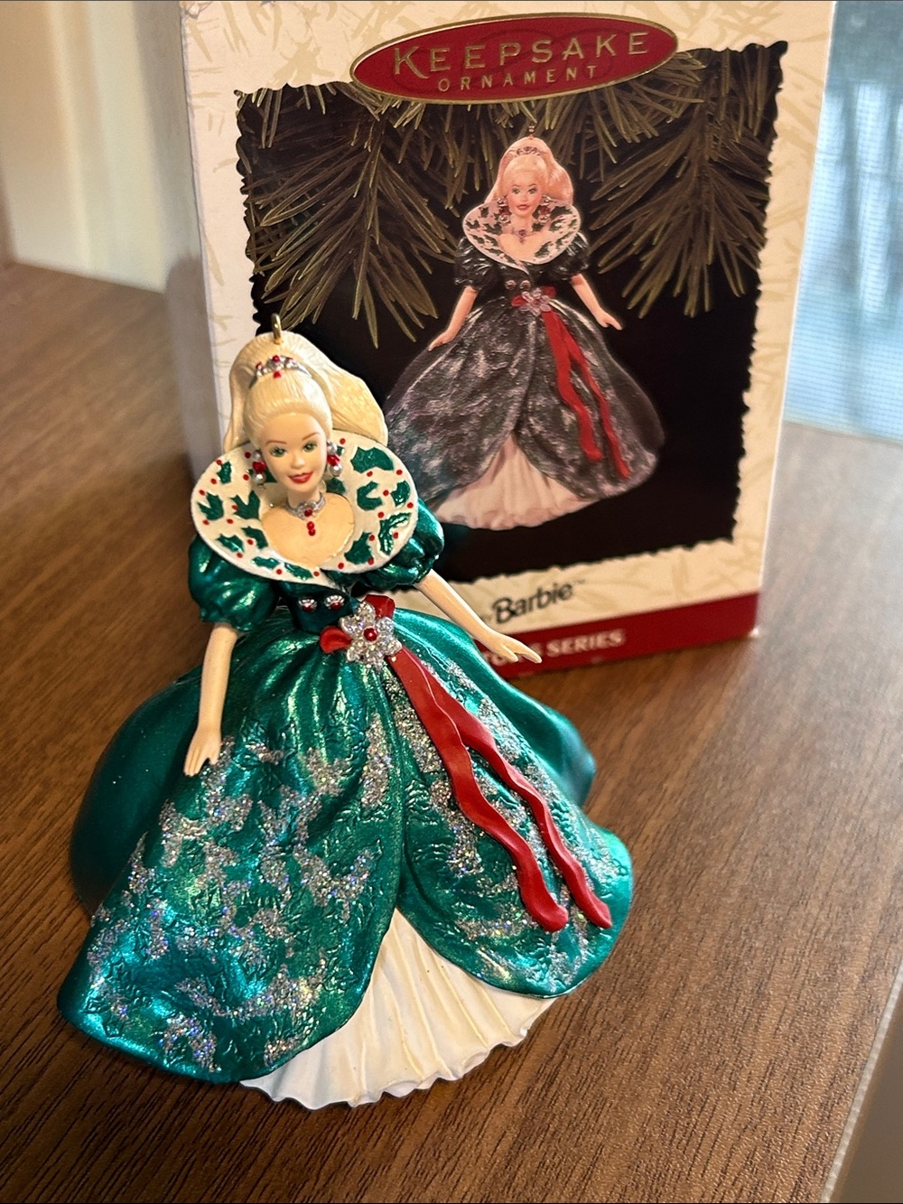 1995 Hallmark Keepsake Barbie Ornament in Teal and White with Red Accents
